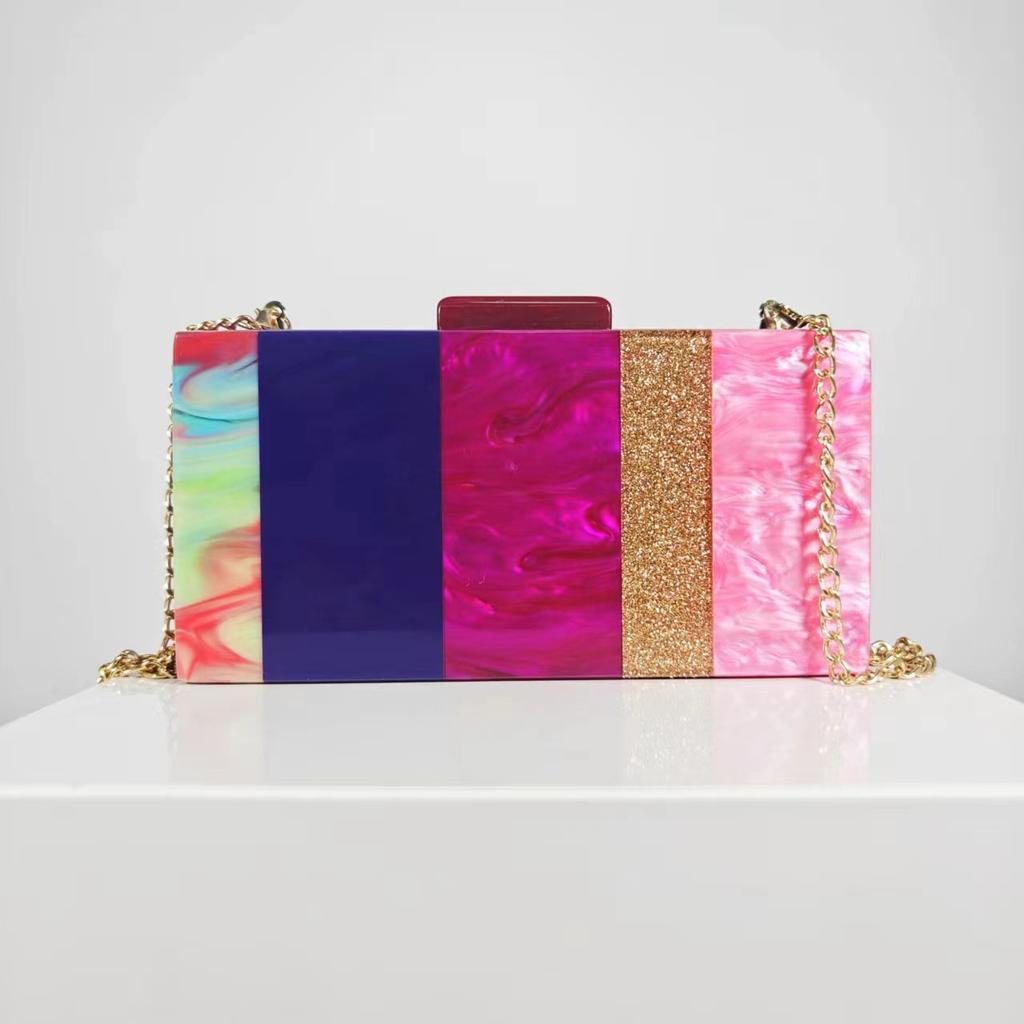 Colorful Striped Rose Red Acrylic Box Clutches Handbag Women Designer Shoulder Messenger Bag Lady Purse Personality Evening Bags