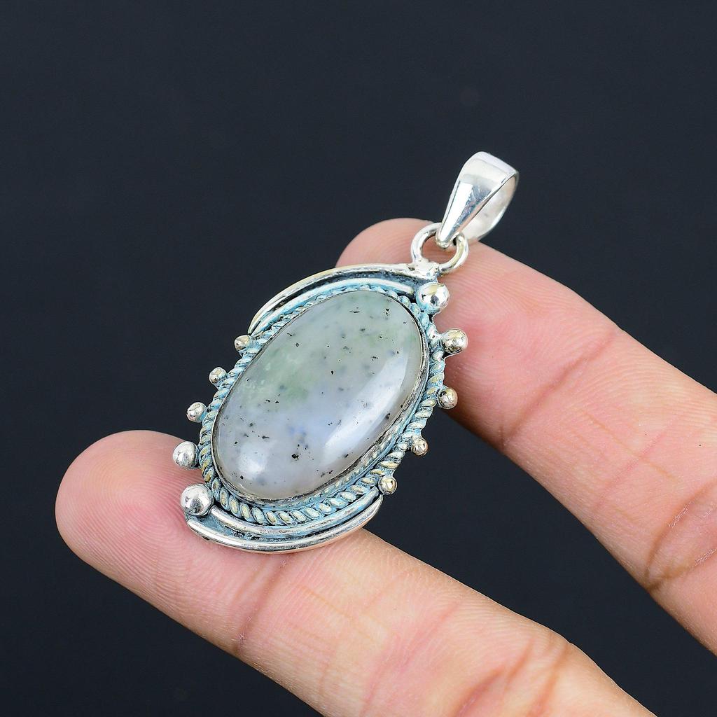 Womens Day Deal 925 Silver Oval Solar Moss Agate Stone Wedding Pendant Jewelry