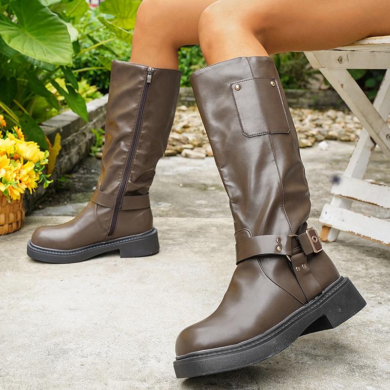 Fashion Chunky Platform Biker Boots for Women 2025 Autumn Winter Knee High Boots Woman Fashion Belt Buckle PU Leather Long Botas Mujer