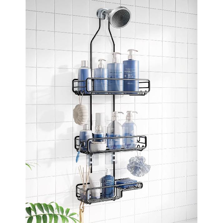 Shower Caddy Hanging Bathroom Organizer: Over Head Adjustable Rack for Tall Showerhead - Extra Large Storage Shelf for Big Shampoo Bottles with Soap