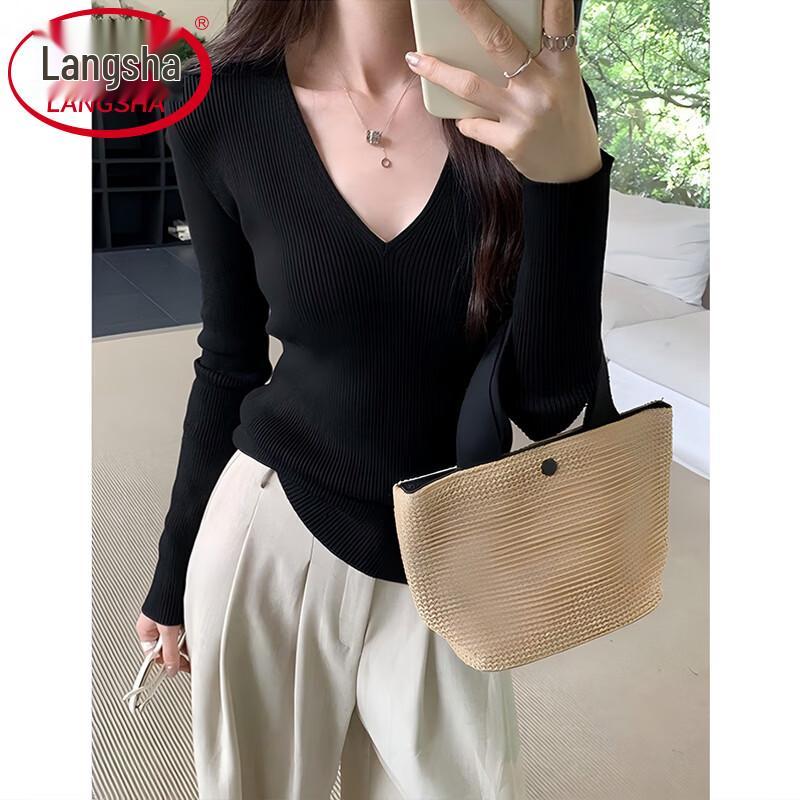 Langsha Women's V-Neck Slim-Fit Long Sleeve Knitted Base Layer