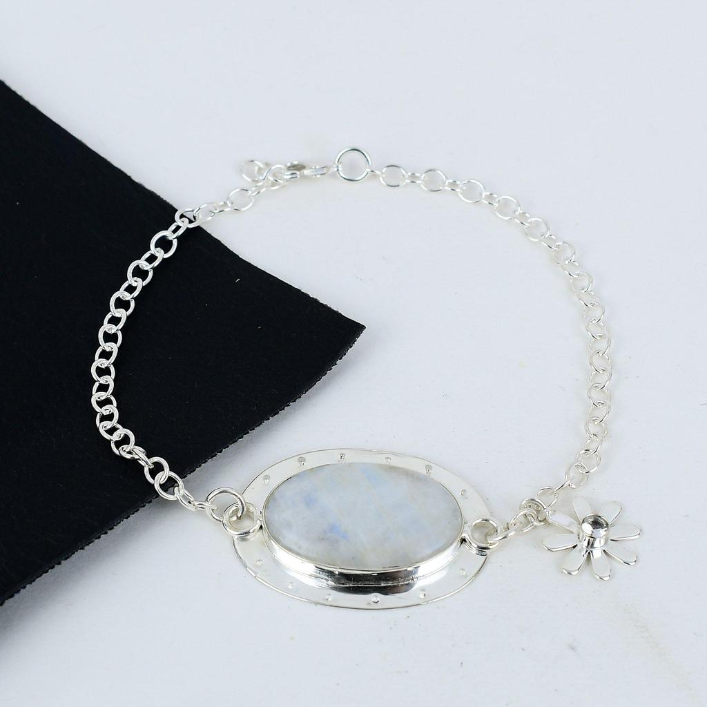 Natural Rainbow Moonstone Gemstone Handmade 925 Sterling Silver Bracelet, White Topaz Bracelet For Wife, Unisex Bracelet, Anniversary Gift