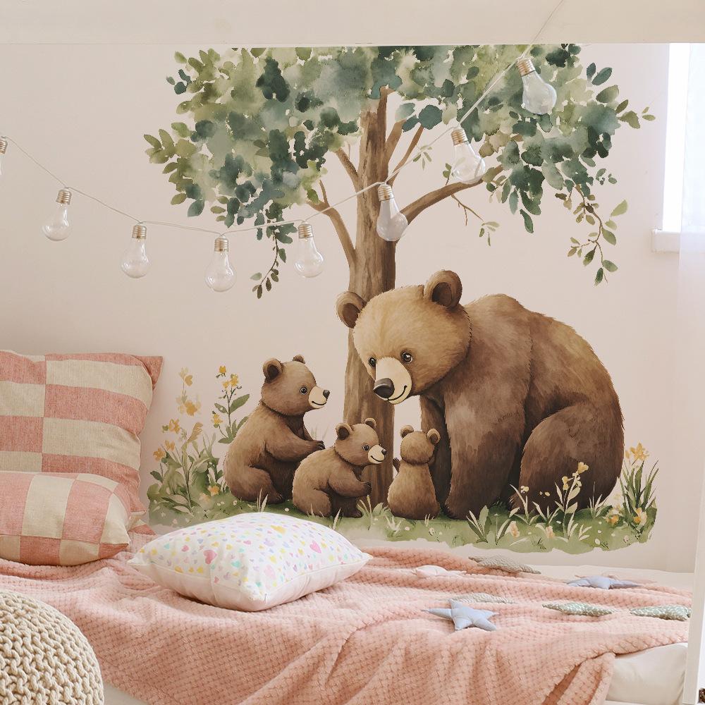 Cartoon Parent-child Brown Bear Bedroom Living Room Entrance Hall Home Background Beautification Wall Stickers