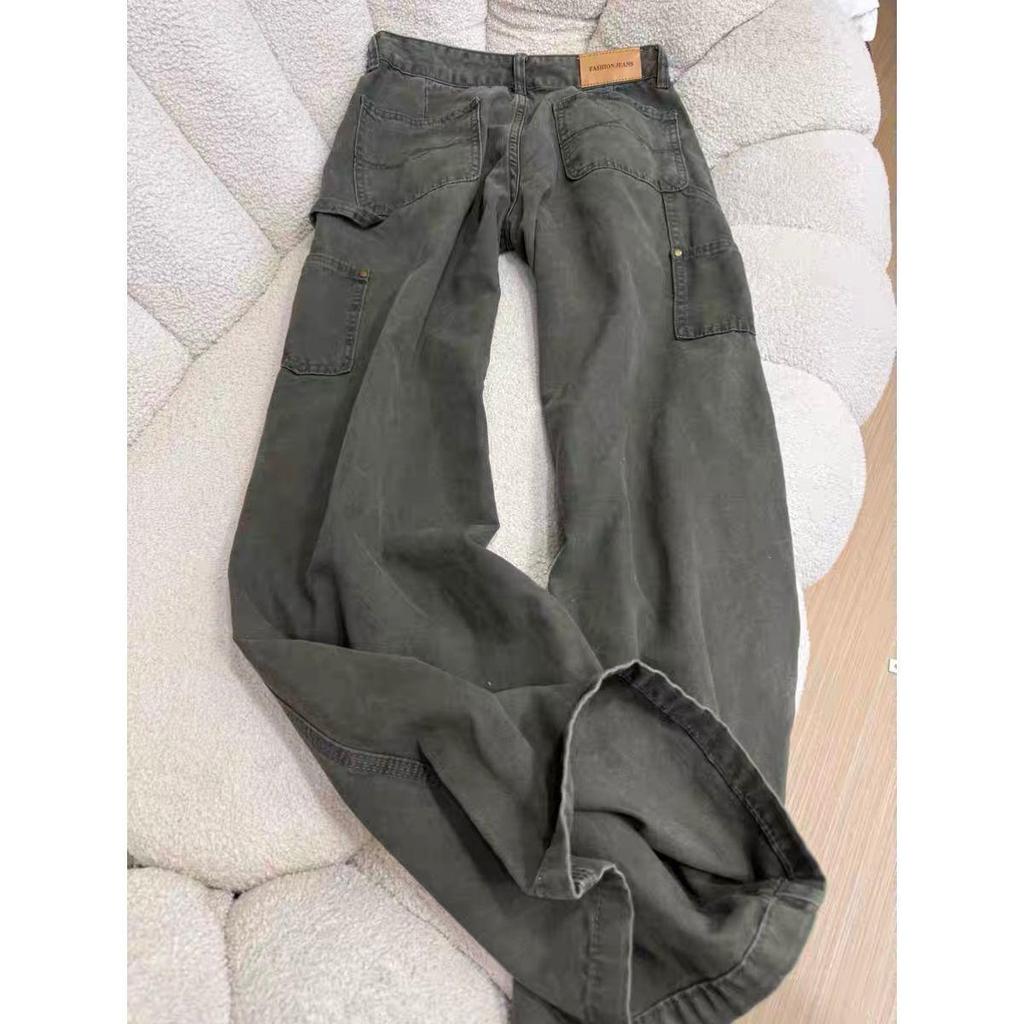 Women's High Waist Military Green Wide-Leg Cargo Jeans - Retro Floor-Length Pants