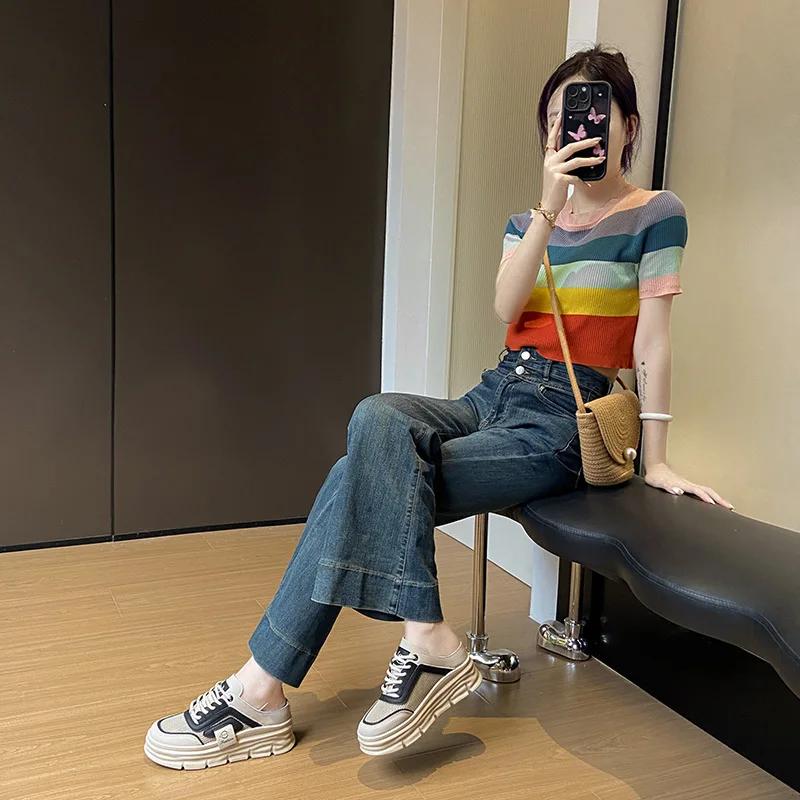 Fashion Solid Color Fashionable Breathable Soft Sole Women's Slippers White Student Casual Shoes Multifunctional Semi Drag Thick Sole