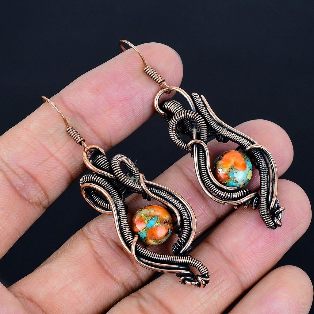 Orange Spiny Oyster Earrings, 999 Copper Wire Wrap Gemstone Jewelry, Handmade Earrings, Amazing Jewelry, Gift For Her