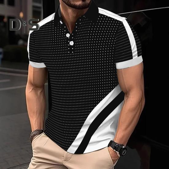 Men's Lapel T-Shirt Slim Fit Polka Dot Polyester Tee Shirt Color Block Summer Casual Short Sleeve Top for Daily Wear Sports Street