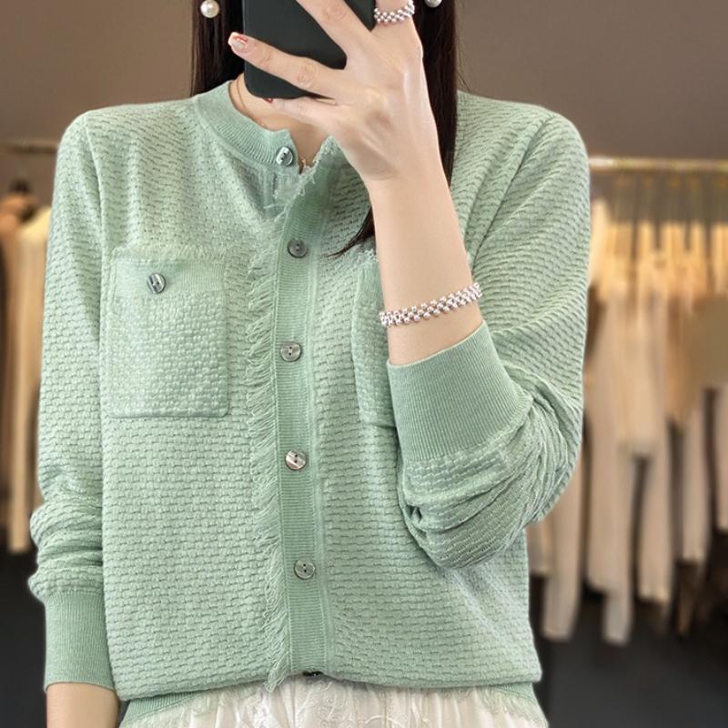 Round Neck Tassel Double Pocket Imitation Wool Knitted Cardigan for Women's Summer New Loose Versatile Jacket Top
