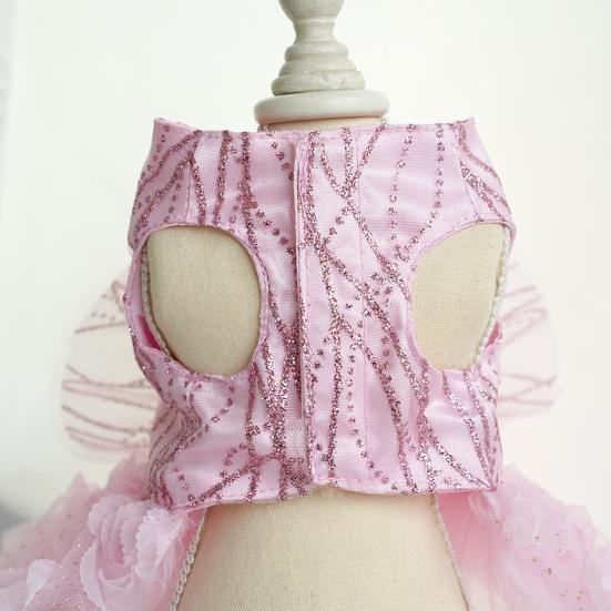 Pet Dress Bow Tie 3D Flowers Sequins Rhinestone Decor Breathable Mesh Pomeranian Chihuahua Puppy