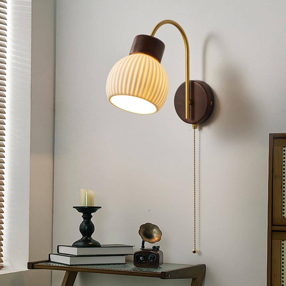 Milk Glass Wall Sconce: 32 cm Gold Vintage Wall Light Fixtures with Pull Chain Switch - Mid Century Modern Gooseneck Wall Mounted Lamp for Bedroom