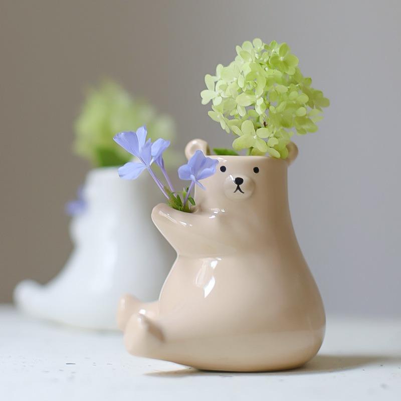 Cute Ceramic Bear Vase Hydroponic Vase Desktop Ornament Home Decor Garden Decoration