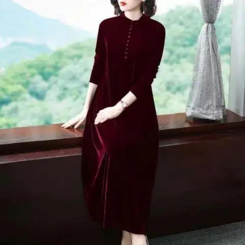 Plus Size Elegant Golden Velvet Knee-Length Dress for Women - Spring & Autumn Style