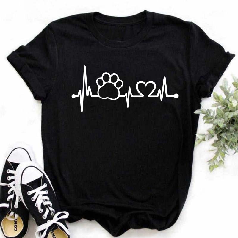 Women Dogs Paws Love Heart Printed T-shirts Fashion Summer Short Sleeve Lady Womens Clothes Tops T-Shirt Black Shirt Tees Female