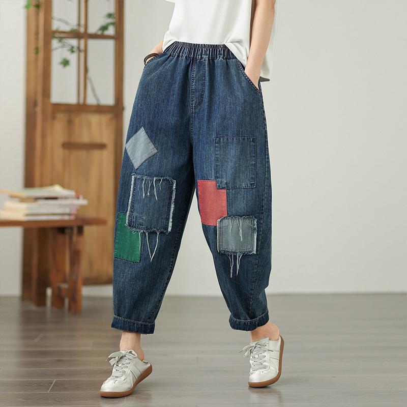 

DIMANAF 2025 Spring Summer Plus Size Jeans Harem Pants Basic Women Casual Patchwork High Waist Elastic Long Trousers 2XL синий