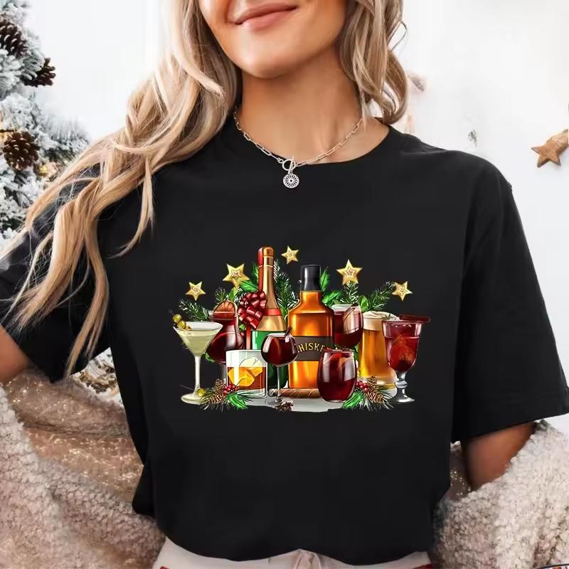Christmas Style Wine Glasses Fashionable Creative Prints Women's Comfortable Loose Oversized Casual T-shirt