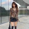 2KWEIRD Japanese Y2k Leopard Print Shirt Vintage Harajuku Ruffled Blouses Grunge Aesthetics V-neck Irregular Shirt Trashy 90s