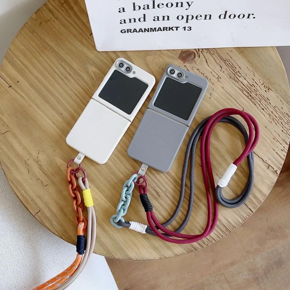 Simple Plain Leather Pattern Crossbody Lanyard Phone Case for Samsung Z Flip 6 5 4 3 Flip6 Flip5 Flip4 Flip3 5G Protective Cover