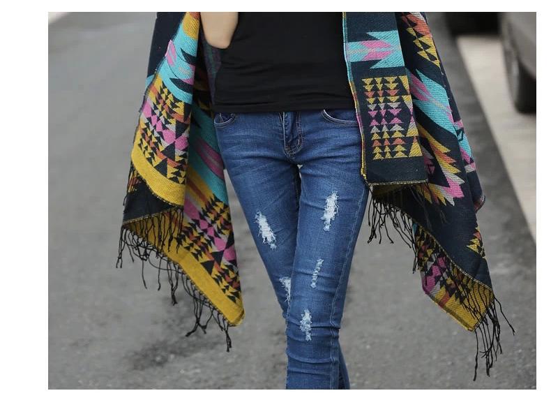 Bohemian Ethnic Toggle Hooded Cape Shawl - Thick Warm Imitation Cashmere for Women