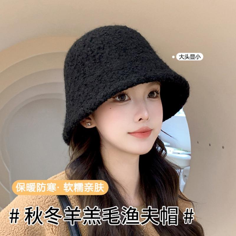 Show face small bucket hat women's autumn and winter new show face small lamb wool bucket basin hat big head circumference hat
