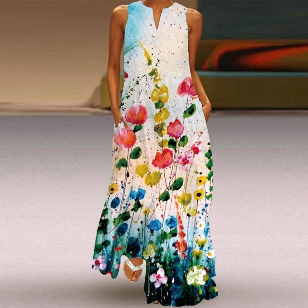 Vestidos estampados Vintage para mujer, vestido largo bohemio de verano sin mangas con cuello en V, Vestidos largos informales elegantes para fiesta en la playa