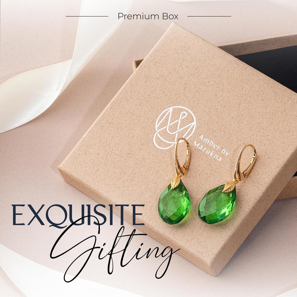 Amber by Mazukna Faceted Green Amber Earrings Jewelry in Silver 925 with Hardware and Leverback Lightweight and Perfect Gift for Includes Certificate