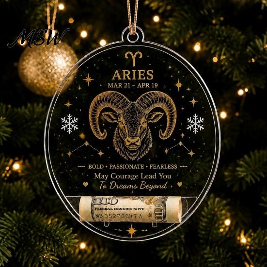 Hanging Decor for Showcase Christmas Tree Money Holder Pendant, Transparent Acrylic Round Ornament, 12 Holiday Gift Tags Zodiac Signs Theme Decorative