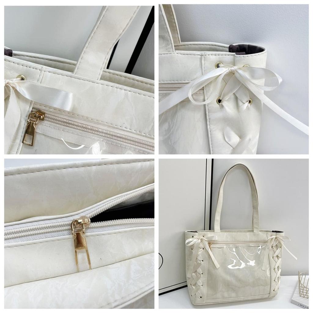 YOBLUELO Ita-Tasche, Umhängetasche, Schnür-Tragetasche, Dekorative Tasche, A4-Größe, Transparente Tasche für Damen mit Schleifen-Dekoration (Weiß)
