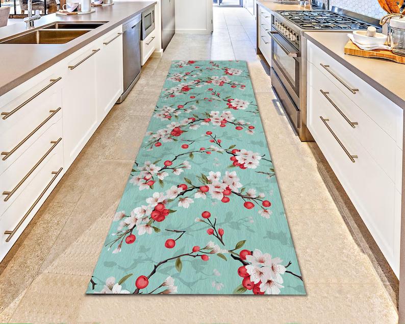 Cherry Blossom Runner Rug Japanese Sakura Floral Rug Spring Hallway Rug, Pastel Pink Zen Rug Japandi Style Soft Petal Carpet