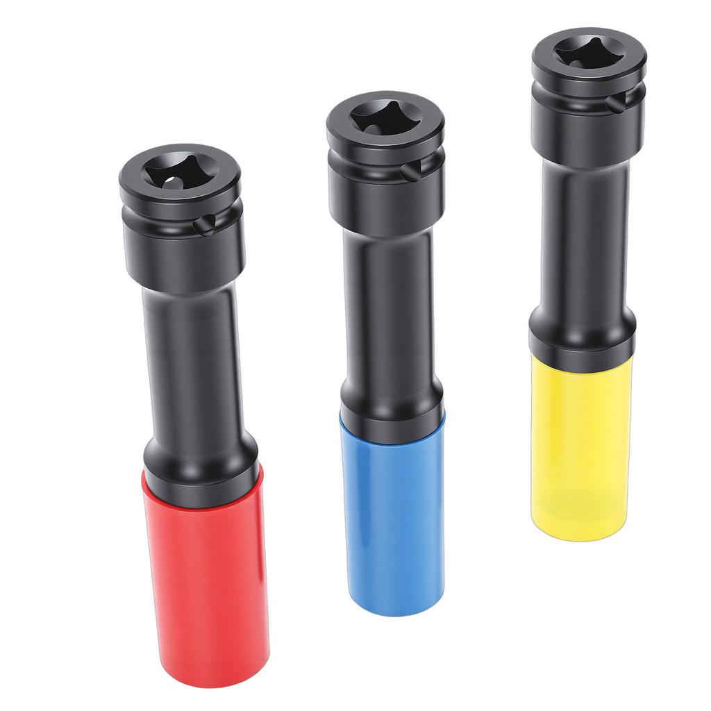 Juego de 3 Vasos Protectores de Rueda de Pared Fina 1/2 pulg Extra Largos para Impacto Profundos 17 19 21 mm Coloridos