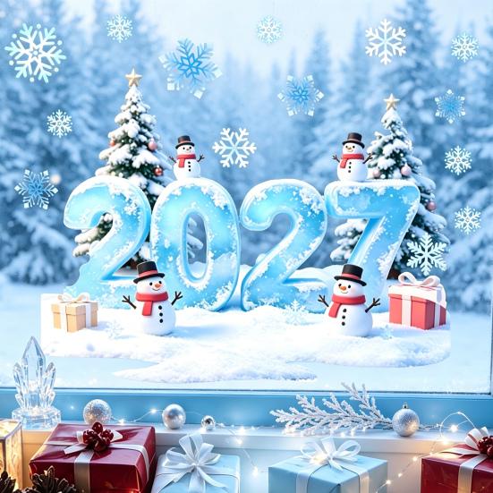Decorative Glass Stickers 2027 Christmas Winter Window Cling, Static Sticker with Snowman, PVC Tree, Snowfalke, Removable Waterproof Door Decal Decals