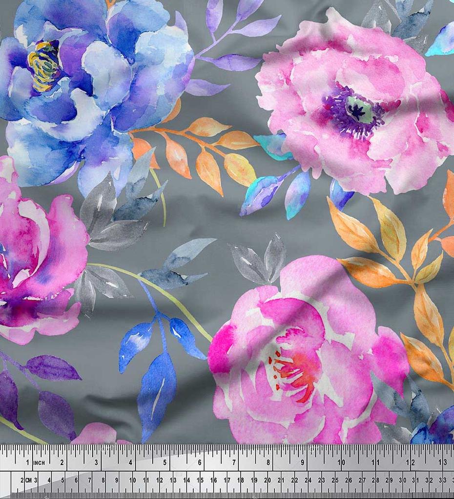 Soimoi Japan Crepe Satin Fabric Leaves & Peony Flower Print Fabric by the Metre 42 Inch