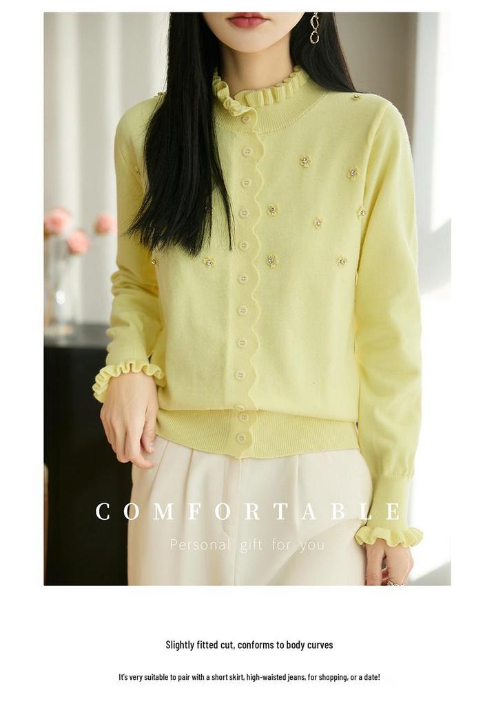 2026 Spring Women's Knitwear: Lace Ruffle Collar Cardigan Sweater, Button-Up Coat, Korean Style