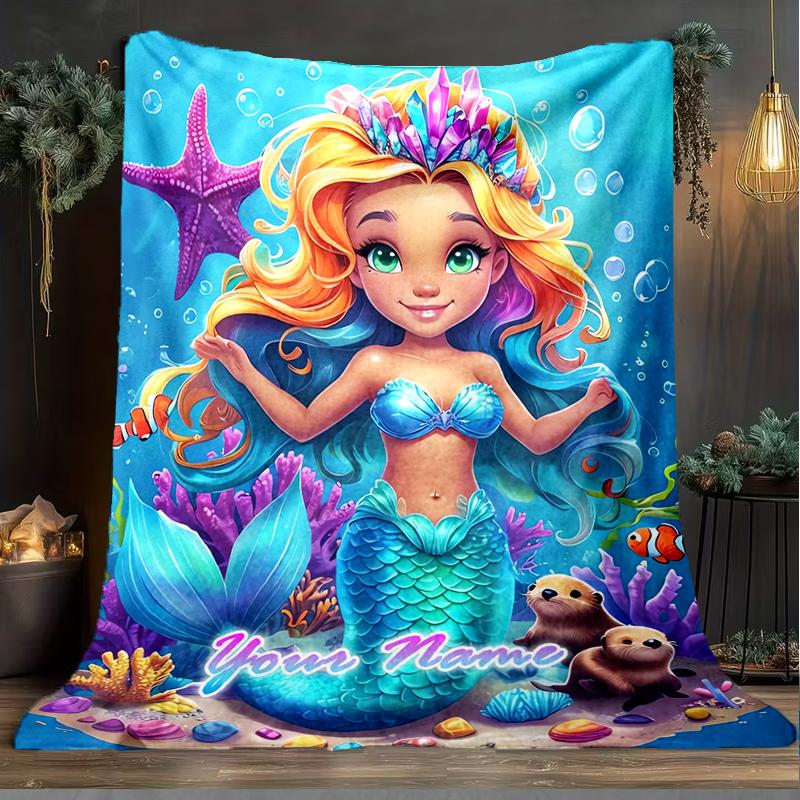 1PC Custom Name Mermaid Dreams Underwater Outdooor Flannel Blankets Patterns Throw Blanket All-Season Soft Gift for Couch, Bed, Camping Gifts