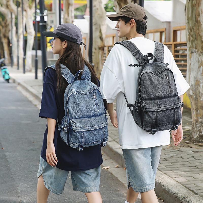 Harajuku denim backpack autumn new large-capacity men's and women's denim backpack