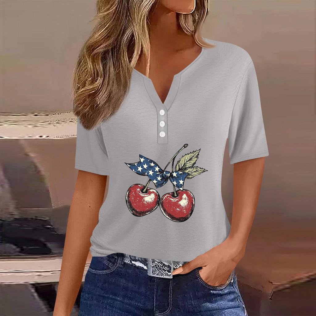 Women's T Shirt Tee Independence Day Print Button Short Sleeve Daily Weekend Fashion Basic V-Neck Regular Top