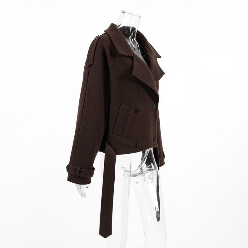 Womens Short Wool Blend Pea Coat With Belt Double Breasted Notched Collar Pocket Jacket