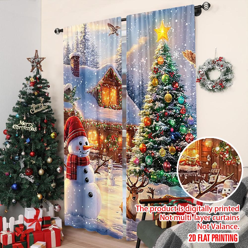 2pcs 2D Flat Printing Merry Christmas Window Drapes Christmas_ Fabric Without Electricity Versatile Perfect for Indoor