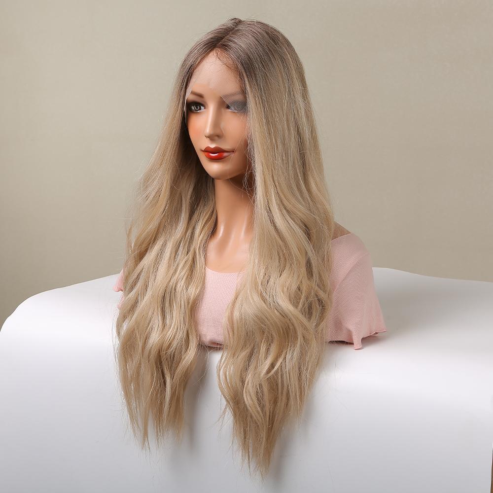 ALAN EATON Blond blonderfront syntetisk parykk Lang krøllete bølge Cosplay blonderfrontal hårparykk for hvite kvinner Afro Ombre bølgete varmebestandig