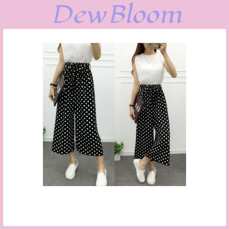 Women Korean Wide Leg High Waist Loose Baggy Casual Striped Crop Trousers Pants