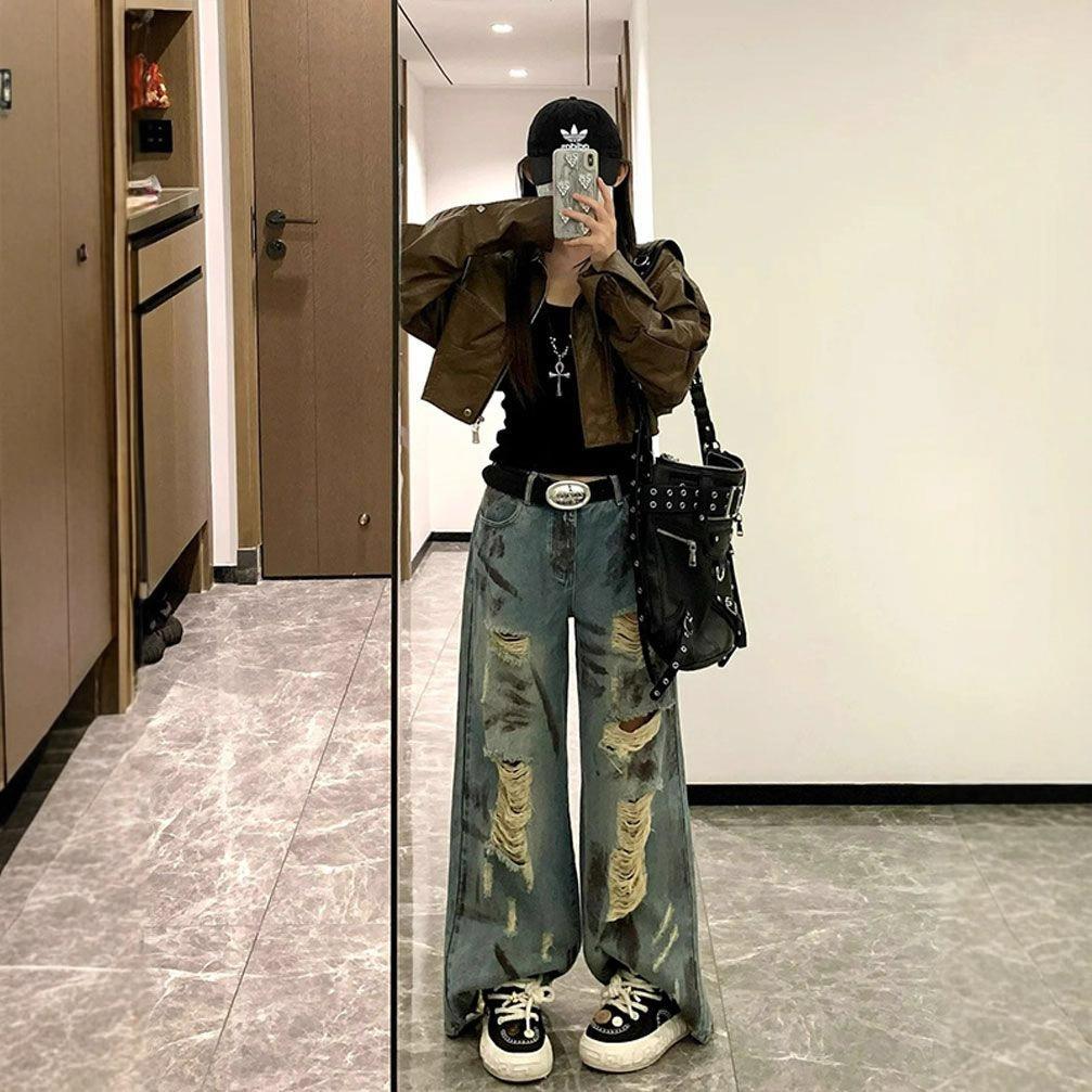 Comfortable Broken Hole Wide Leg Jeans Women's Retro Waste Soil Wind Loose Straight Drag Ground Trousers Tide Jeans for Women Long Denim Pants