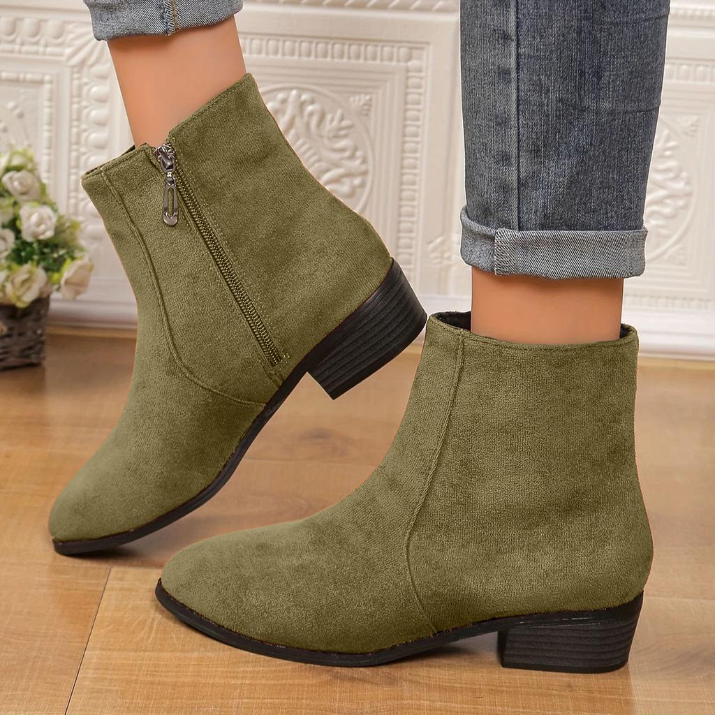 Women'S Boots Large Size Fashion Solid Color European And Pointed Side Zipper Thick Heel All Short Suede Boots For Women Trendy