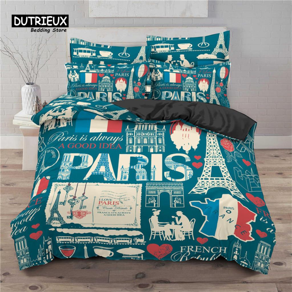 2/3KS Soft Paris Eiffelova věž Sada povlaků na přikrývku Love Heart 3D Print King Queen Sada povlečení na přikrývku z mikrovlákna Domácí textil