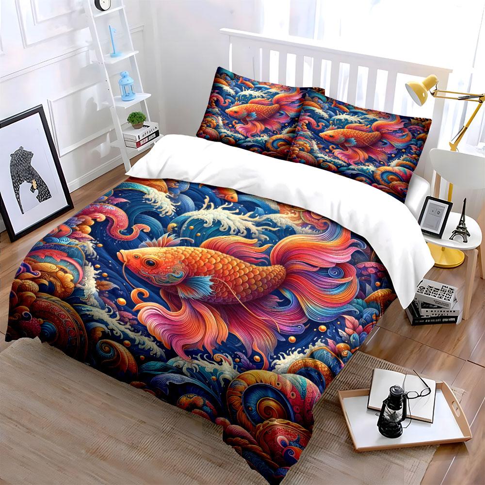 Colorful Fish Art Trio Decor 3Pc Multiple Sizes Kid'S And Adults' Bedroom Exquisite 3Pc Bedding Set, Gift