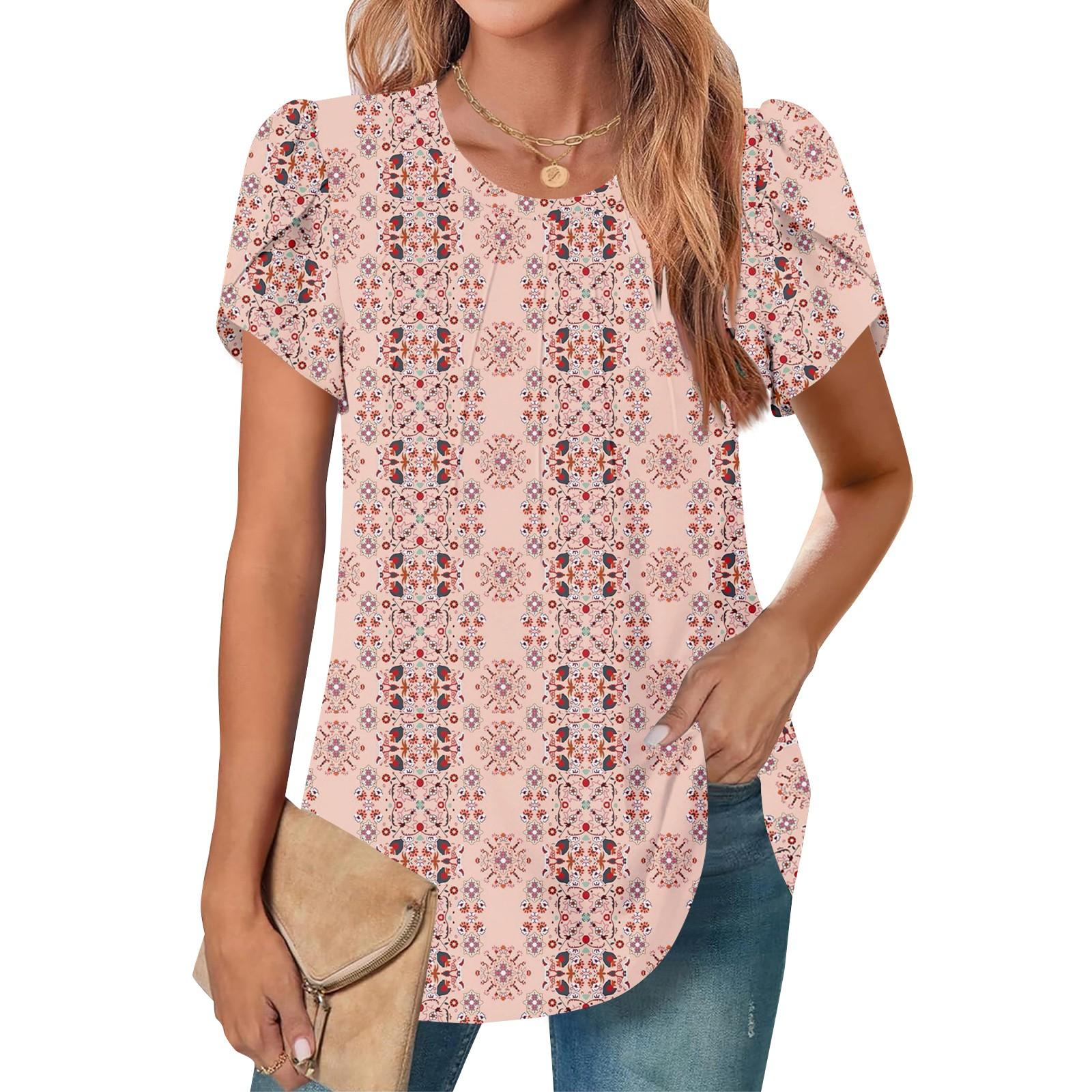

Женский повседневный топ с круглым вырезом и коротким рукавом, с плиссировкой и расклешенными рукавами, с цветочным принтом XL