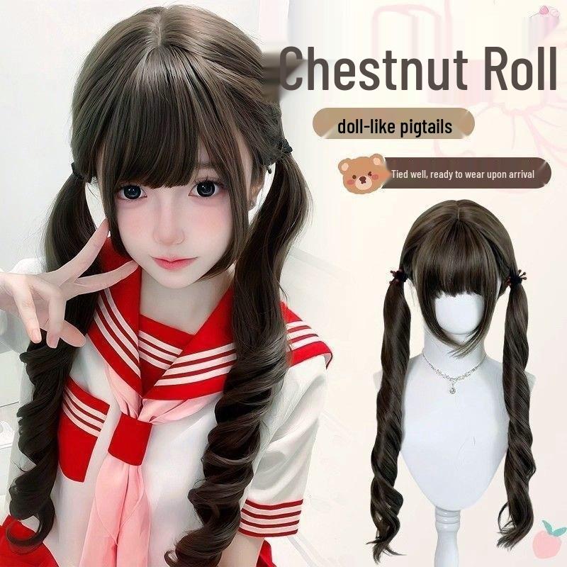 Женский парик Лолита с челкой, двойной хвост, римская завивка - Холодный коричневый