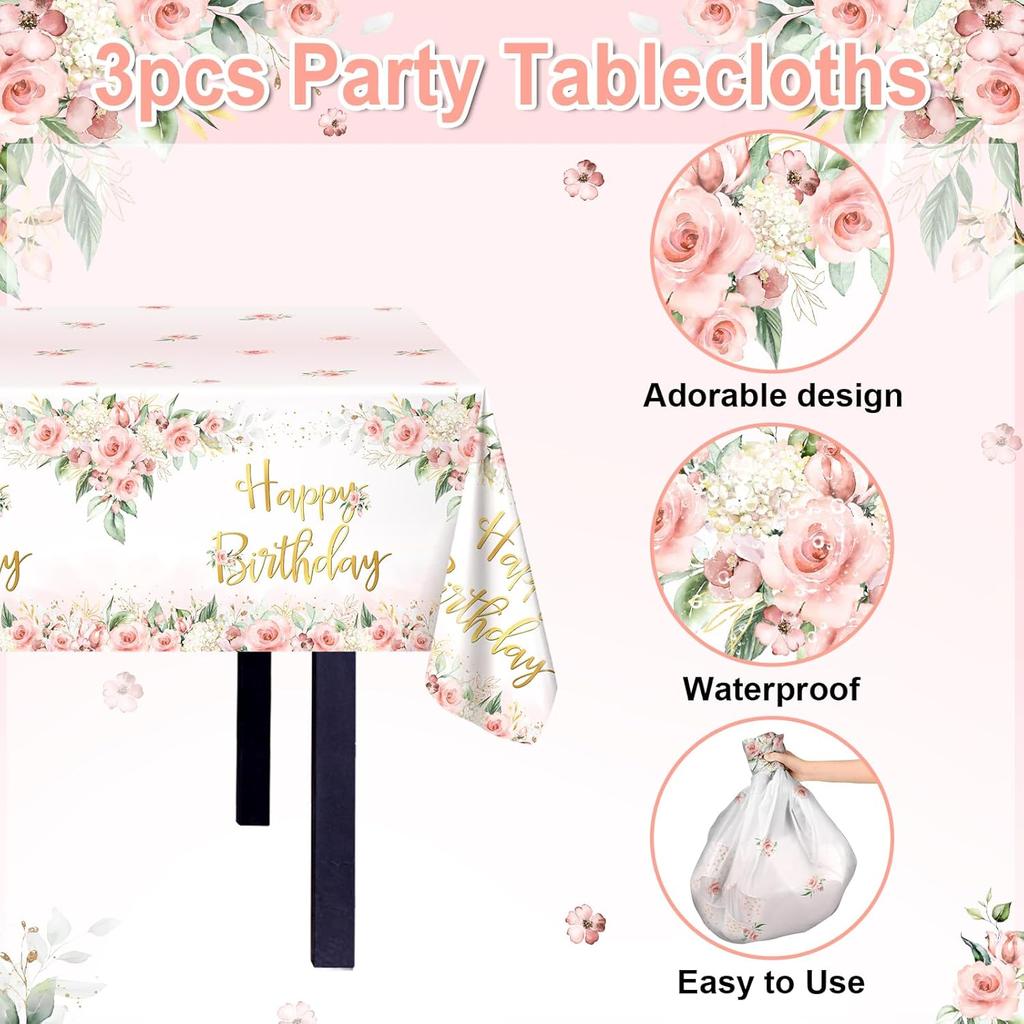Avezano 3 Pcs Rose Gold Party Decorations Pink Floral Happy Birthday Tablecloths for Girls Women Birthday Party Supplies 108 x 54 Inch