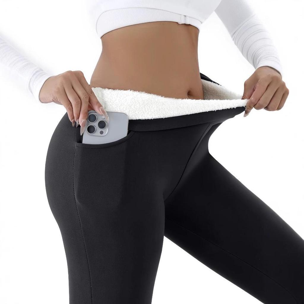 Colanți de damă cu talie înaltă căptușiți cu fleece și buzunare - Pantaloni sport calzi, subțietori