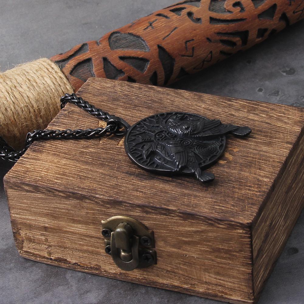 Black Norse Odin Huginn And Muninn Raven Pendant Necklace Stainless Steel Viking Amulet Jewelry