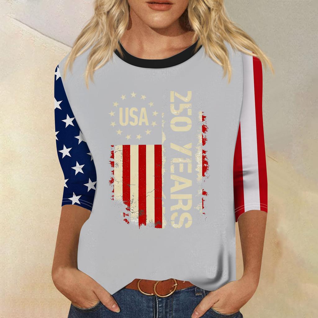 Women's Fashion Casual Seven-Sleeve Independence Day Print Round Neck Top