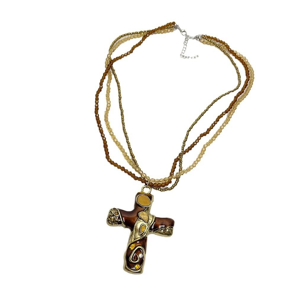 Charm Gothic Cross Necklace Metal Pendant Sweater Necklace Fashion Beaded Chain Necklace  Party